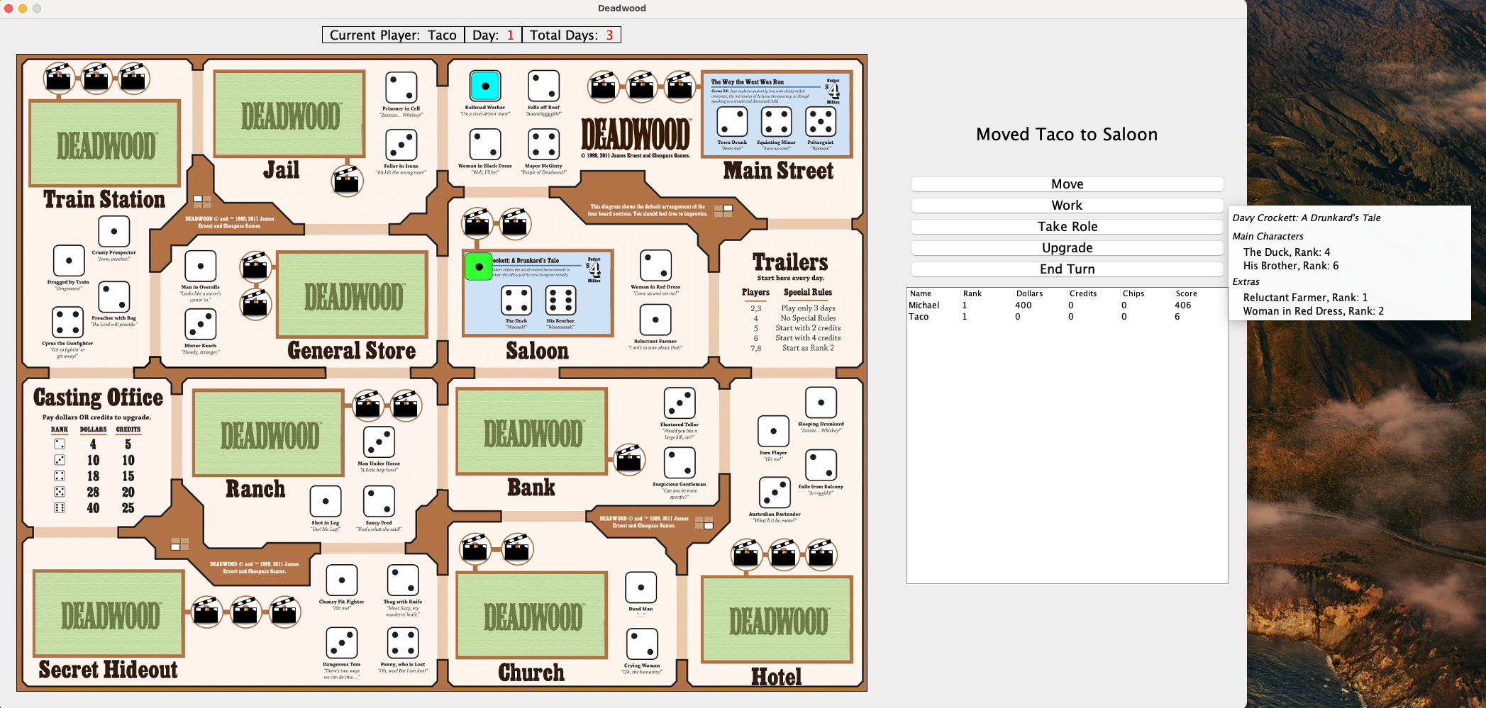 A screenshot of a 2 player Deadwood game. The player 'Michael' is on Main Street working as an extra, and player 'Taco' is selecting a role on a card. To the right of the board the user has the 'Take Role' button selected,
and the application is listing off all the available roles on the set, both on and off the card and their ranks.