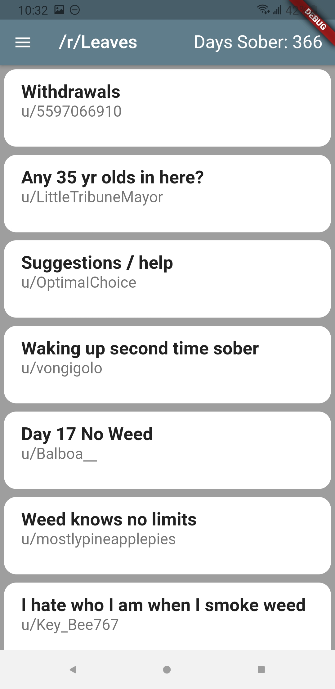 A screenshot of the Reddit feature, listing off posts from users of the /r/Leaves subreddit.