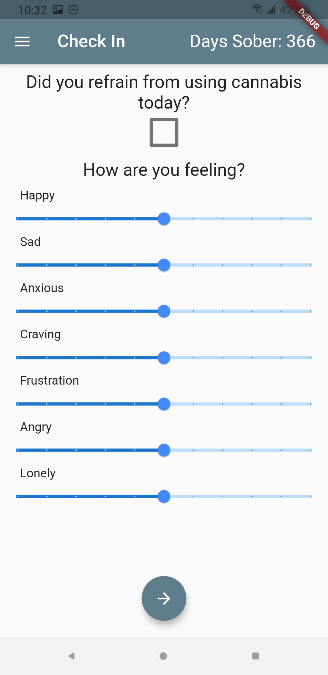 The picture contains a checkbox with the caption 'Did you refrain from using cannabis today?' with a box below that for the user to tick, and 7 sliders corresponding to feelings such as happiness, sadness, craving, for the user to rate their feelings at that given time.